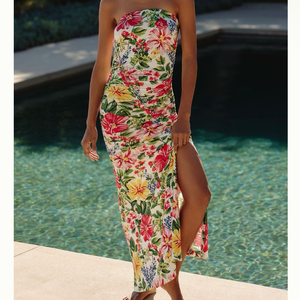 Gabbie Strapless White Red Floral Ruched Tube Dress By Celandine XXSP Petite XXS